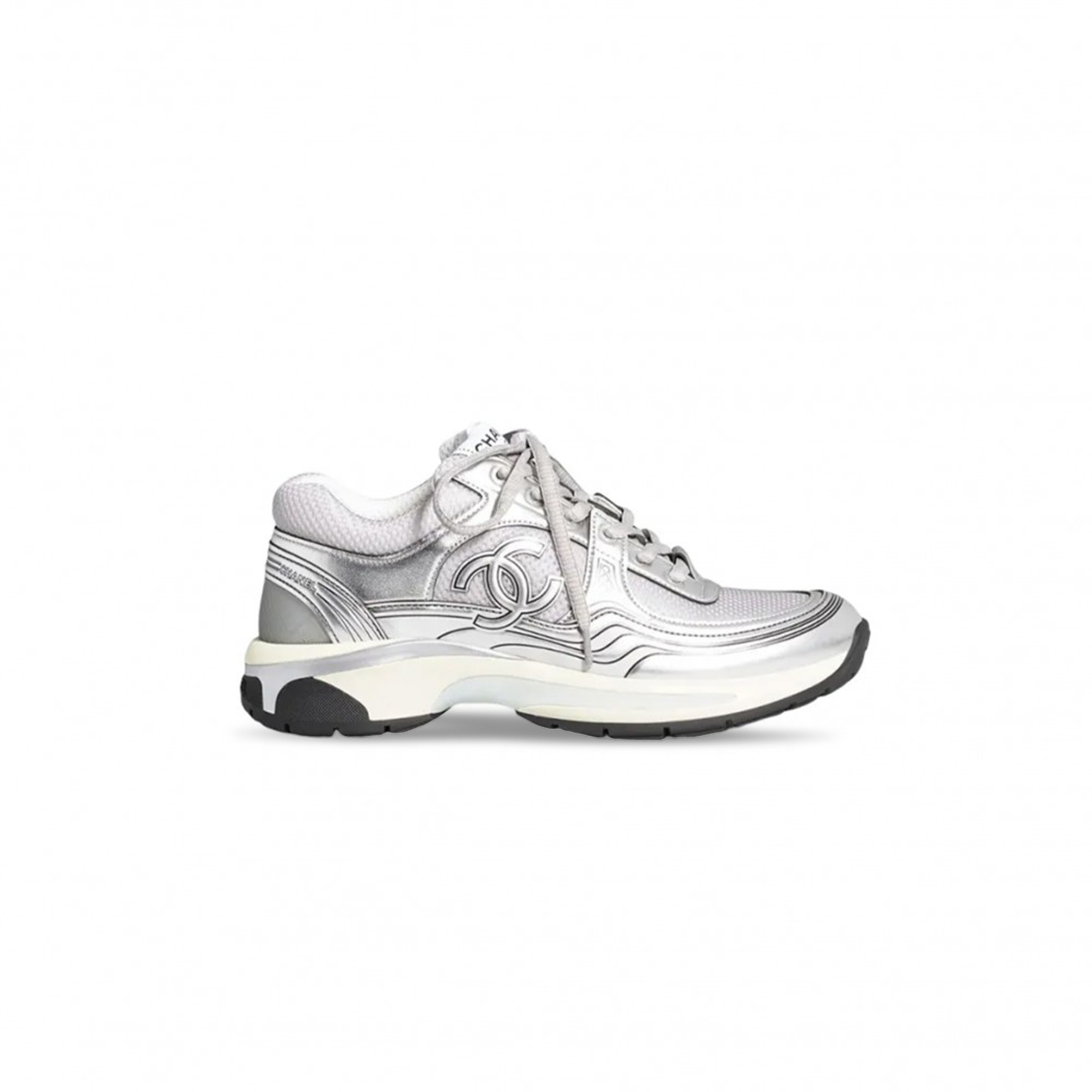 CHANEL  FABRIC LAMINATED CALFSKIN STRETCH CC SNEAKERS WHITE SILVER G39792